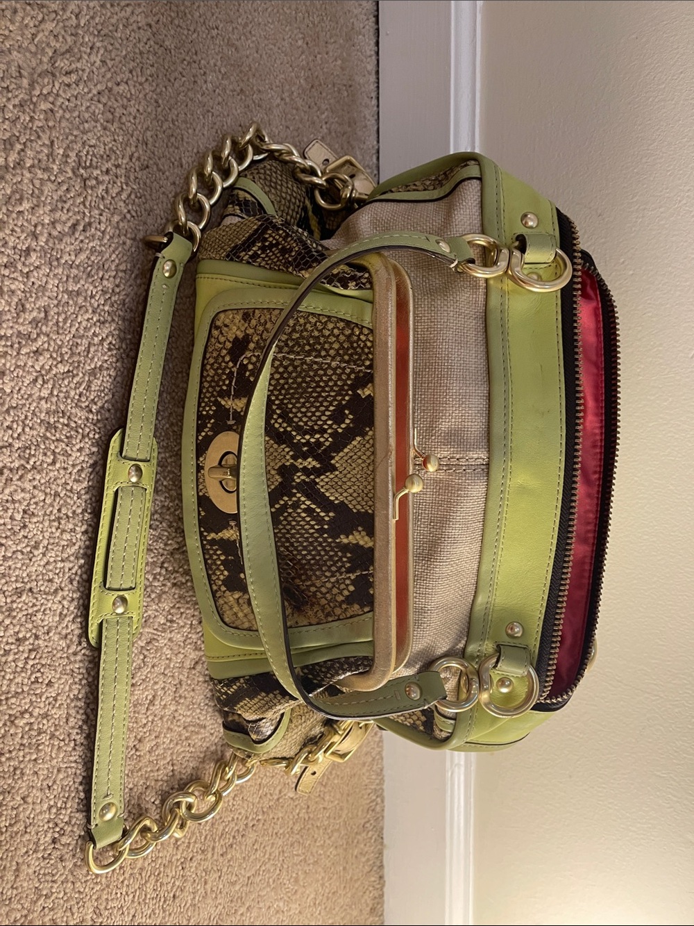 Coach Natalie bag Green Trim Python-Print Canvas Shoulder Bag gold accents - Picture 11 of 13